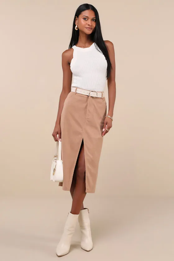 Refreshing Romance Tan Corduroy Midi Skirt sold by Lulus