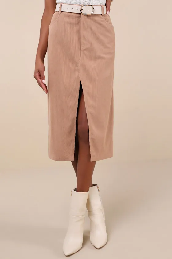 Refreshing Romance Tan Corduroy Midi Skirt sold by Lulus product image thumbnail 2