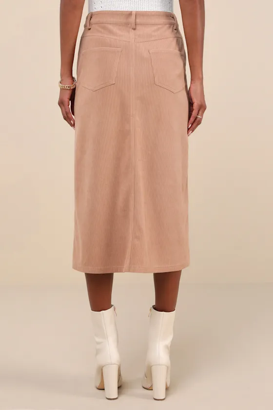 Refreshing Romance Tan Corduroy Midi Skirt sold by Lulus product image thumbnail 3