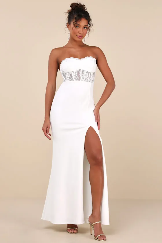 Sultry Persona White Lace Strapless Bustier Mermaid Maxi Dress sold by Lulus
