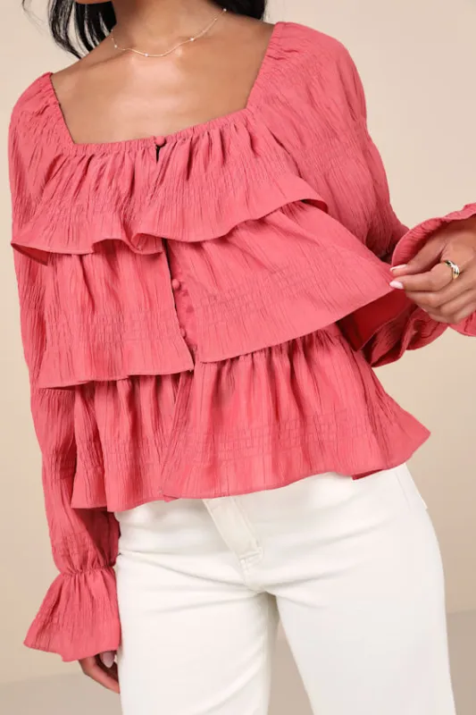 Tier Decadence Pink Tiered Ruffled Long Sleeve Button-Up Top sold by Lulus