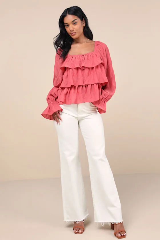 Tier Decadence Pink Tiered Ruffled Long Sleeve Button-Up Top sold by Lulus product image thumbnail 2