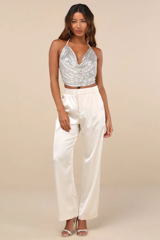 Tantalizing Aura Beige Iridescent Sequin Cowl Halter Crop Top sold by Lulus product image thumbnail 3