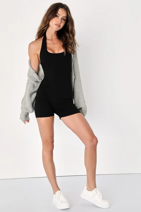 Cute Weekends Black Ribbed Knit Halter Neck Lounge Romper sold by Lulus product image thumbnail 2