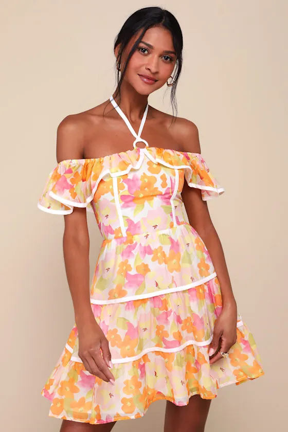 Cutest Instinct Ivory Floral Halter Cold-Shoulder Mini Dress sold by Lulus