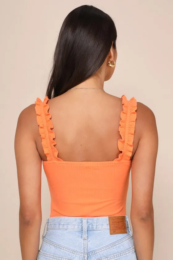 Musing About You Orange Ribbed Ruffle Strap Bodysuit sold by Lulus product image thumbnail 3