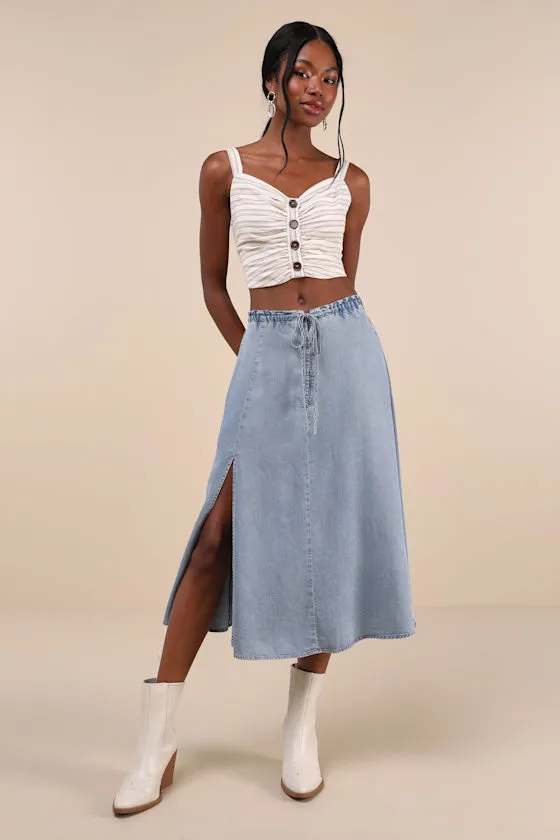 Adorably Achieved Light Wash Drawstring Chambray Midi Skirt sold by Lulus