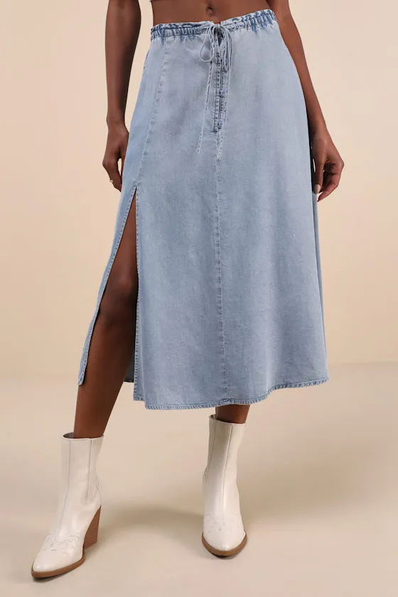 Adorably Achieved Light Wash Drawstring Chambray Midi Skirt sold by Lulus product image thumbnail 2