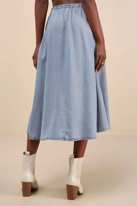 Adorably Achieved Light Wash Drawstring Chambray Midi Skirt sold by Lulus product image thumbnail 3