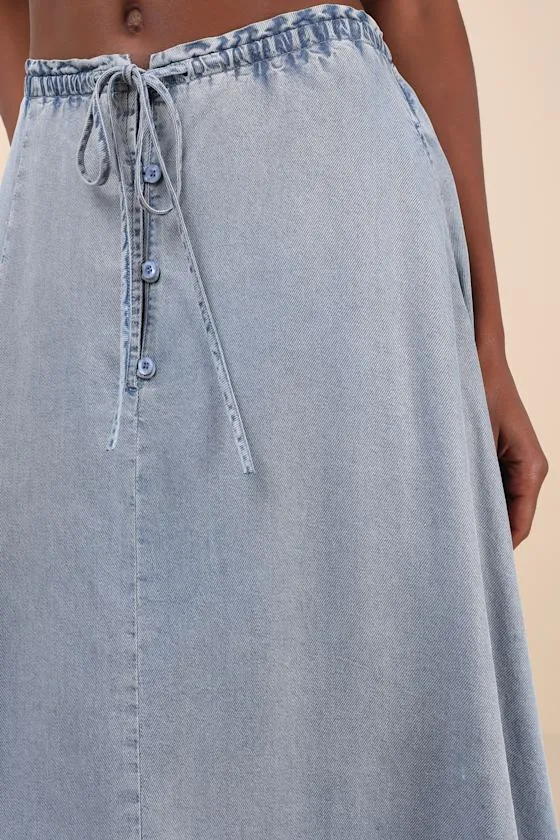 Adorably Achieved Light Wash Drawstring Chambray Midi Skirt sold by Lulus product image thumbnail 4
