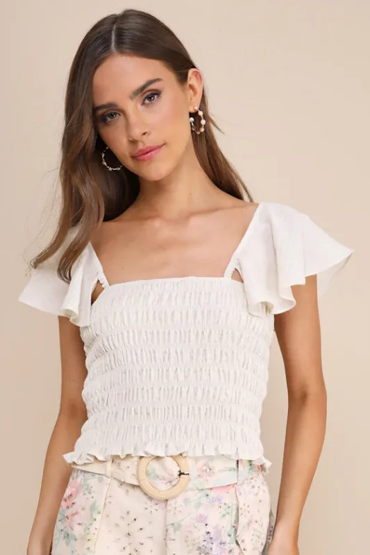 Sweetest Impact Beige Linen Flutter Sleeve Smocked Top made by Lulus