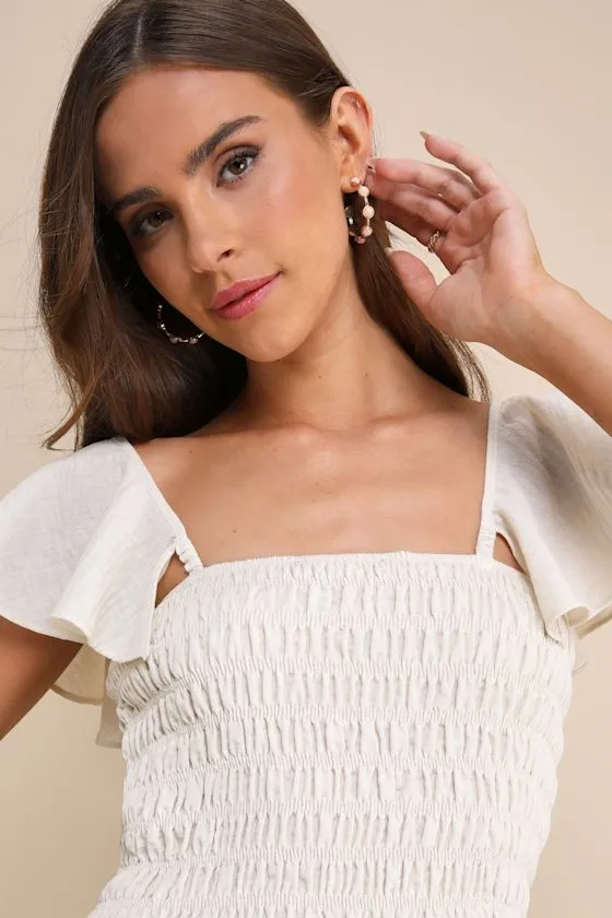 Sweetest Impact Beige Linen Flutter Sleeve Smocked Top sold by Lulus product image thumbnail 4