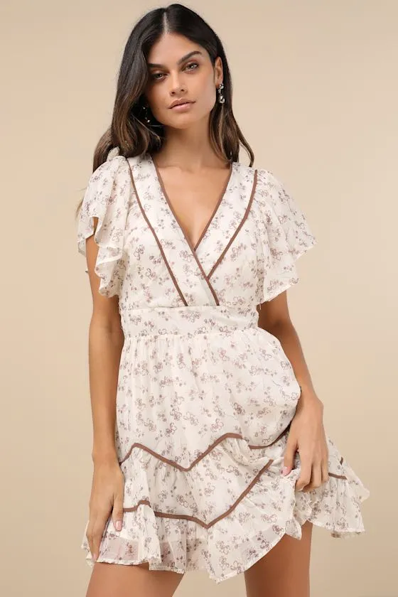 Adored Outing Ivory Floral Flutter Sleeve Surplice Mini Dress sold by Lulus