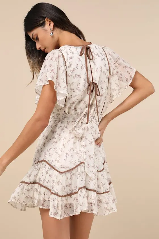 Adored Outing Ivory Floral Flutter Sleeve Surplice Mini Dress sold by Lulus product image thumbnail 2