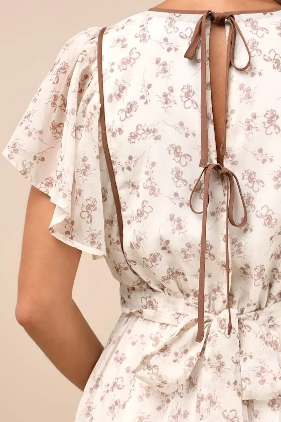 Adored Outing Ivory Floral Flutter Sleeve Surplice Mini Dress sold by Lulus product image thumbnail 3