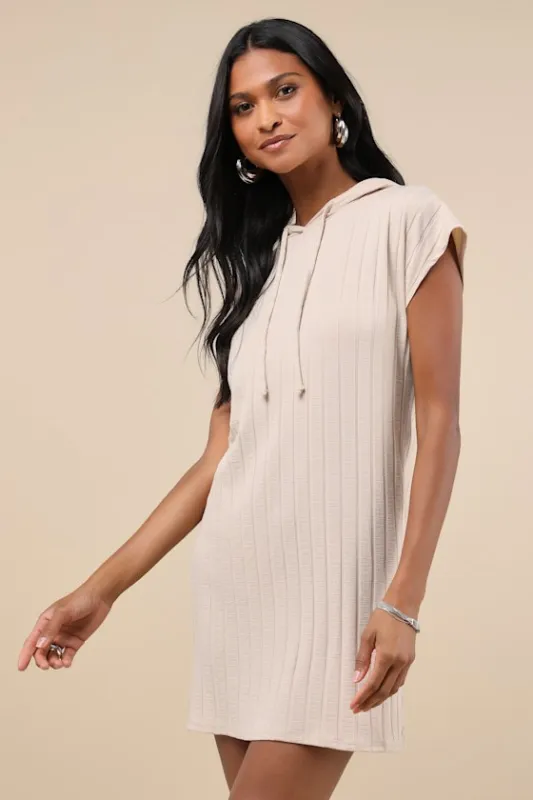 Effortless Option Beige Ribbed Hooded Short Sleeve Mini Dress sold by Lulus