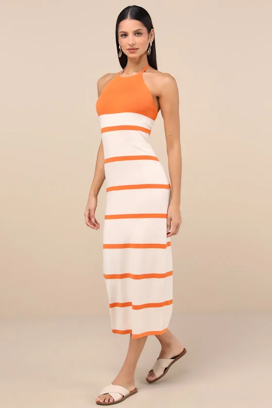 Friendly Cutie Orange and Ivory Striped Knit Halter Midi Dress sold by Lulus