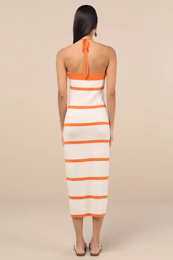 Friendly Cutie Orange and Ivory Striped Knit Halter Midi Dress sold by Lulus product image thumbnail 2