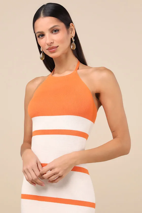 Friendly Cutie Orange and Ivory Striped Knit Halter Midi Dress sold by Lulus product image thumbnail 3