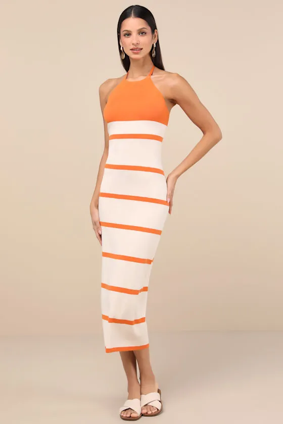 Friendly Cutie Orange and Ivory Striped Knit Halter Midi Dress sold by Lulus product image thumbnail 4