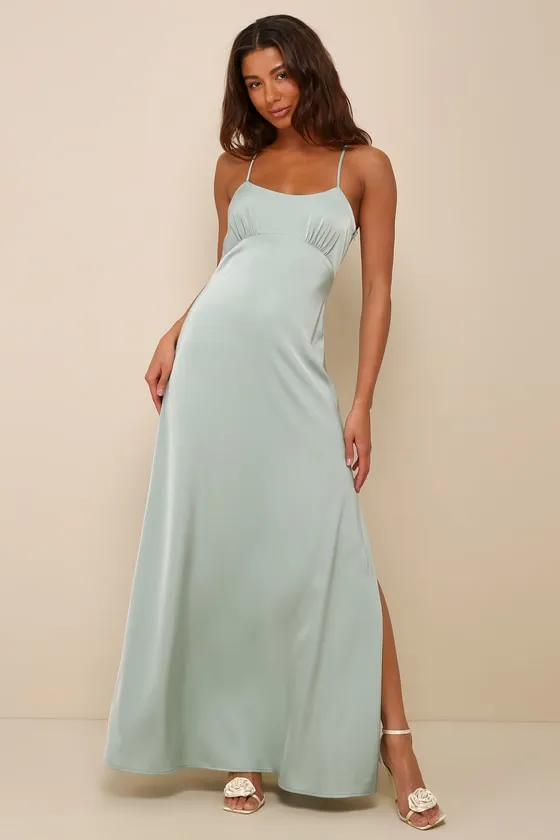 Wonderful Essence Sage Green Satin Backless Maxi Dress sold by Lulus