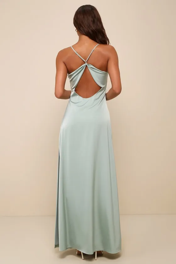 Wonderful Essence Sage Green Satin Backless Maxi Dress sold by Lulus product image thumbnail 2