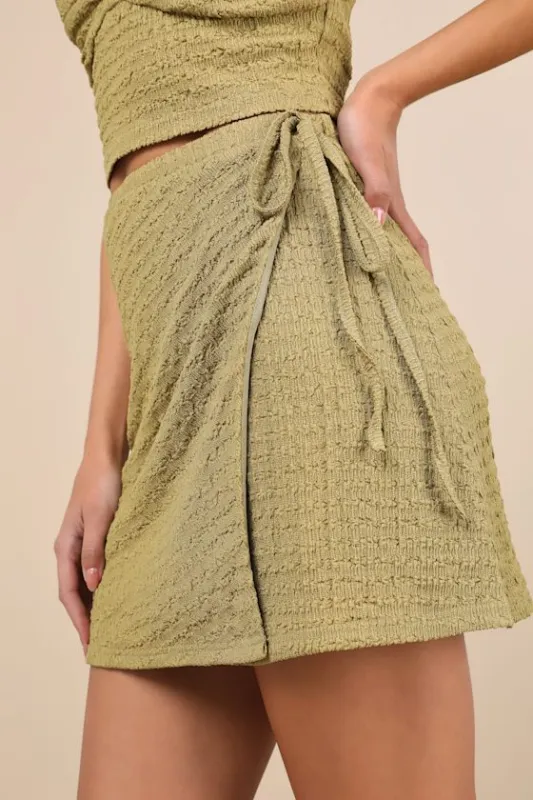 Luxe Cuteness Lime Green Textured Faux-Wrap Mini Skirt sold by Lulus