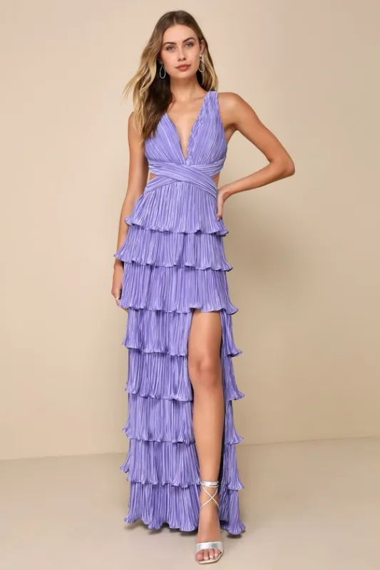 Beauty Icon Lavender Satin Pleated Tiered Lace-Up Maxi Dress sold by Lulus