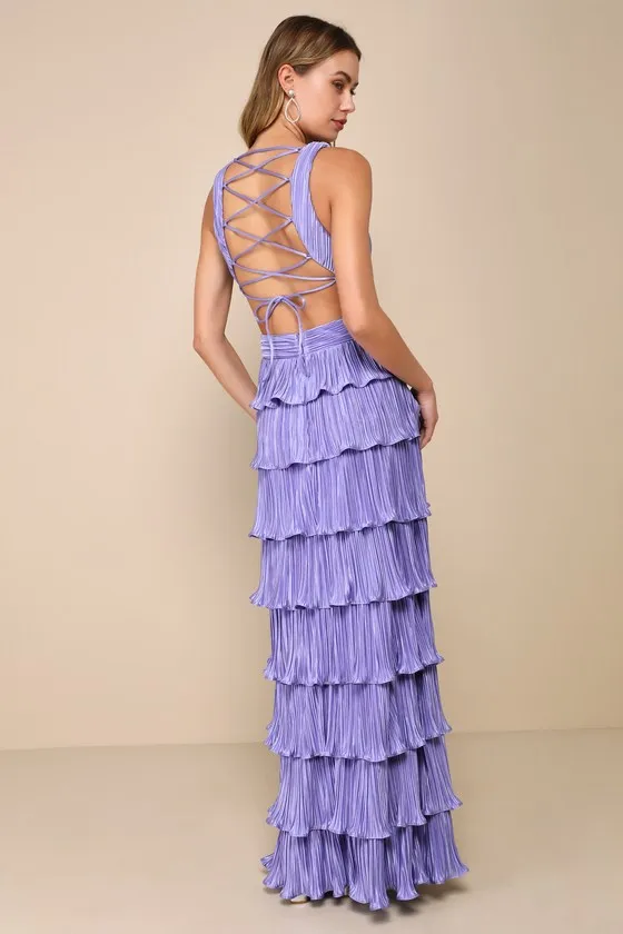 Beauty Icon Lavender Satin Pleated Tiered Lace-Up Maxi Dress sold by Lulus product image thumbnail 2