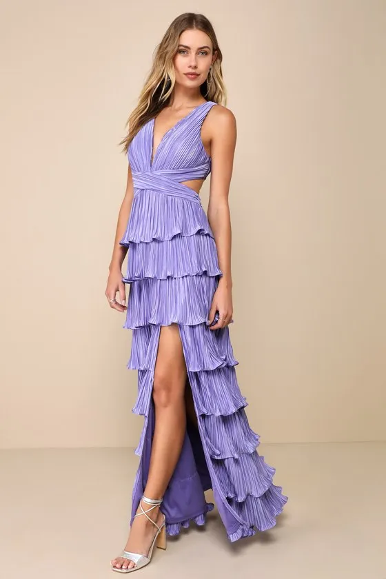 Beauty Icon Lavender Satin Pleated Tiered Lace-Up Maxi Dress sold by Lulus product image thumbnail 3