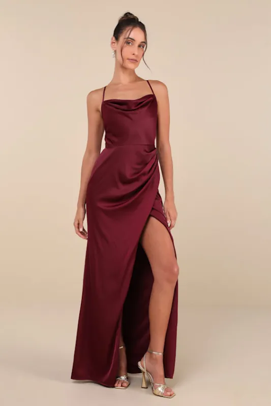 Moments of Beauty Plum Purple Satin Cowl Neck Tulip Maxi Dress sold by Lulus