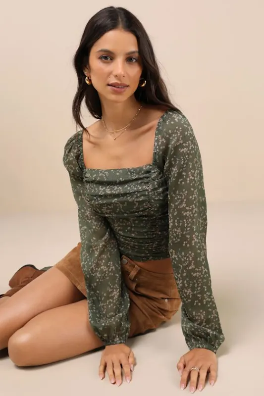 Mood Setter Green Floral Print Ruched Long Sleeve Top sold by Lulus