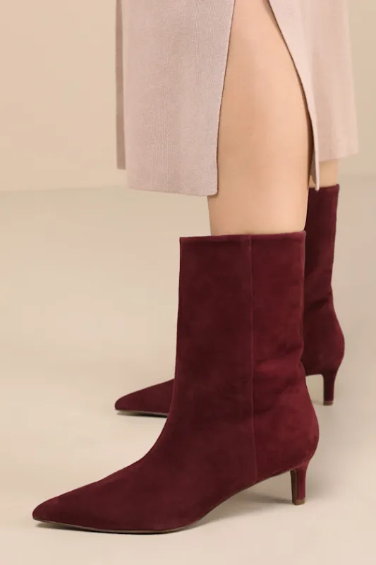 Game Changer Mahogany Suede Leather Pointed-Toe Mid-Calf Boots sold by Lulus