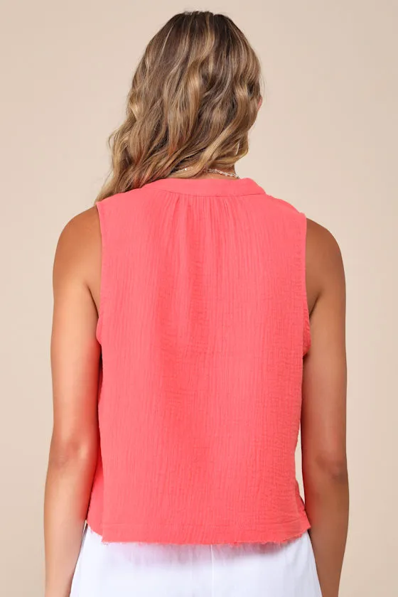 Breezy Effort Coral Pink V-Neck Raw Hem Tank Top sold by Lulus product image thumbnail 2
