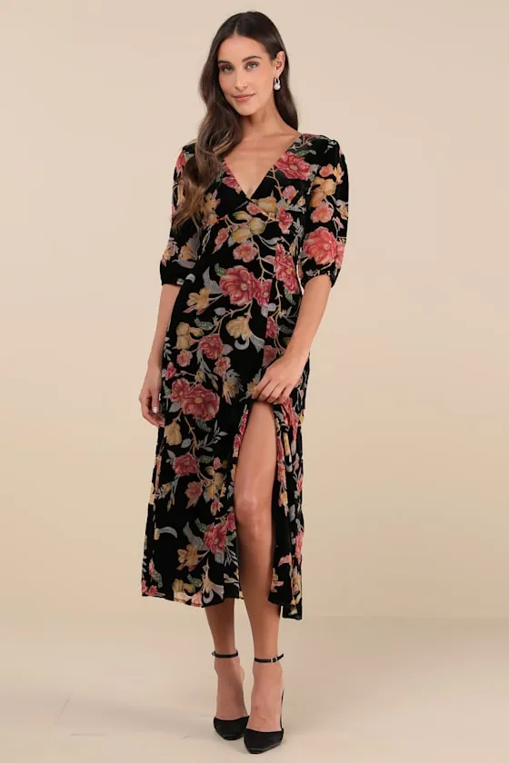 Gloriously Chic Black Floral Burnout Short Sleeve Midi Dress sold by Lulus
