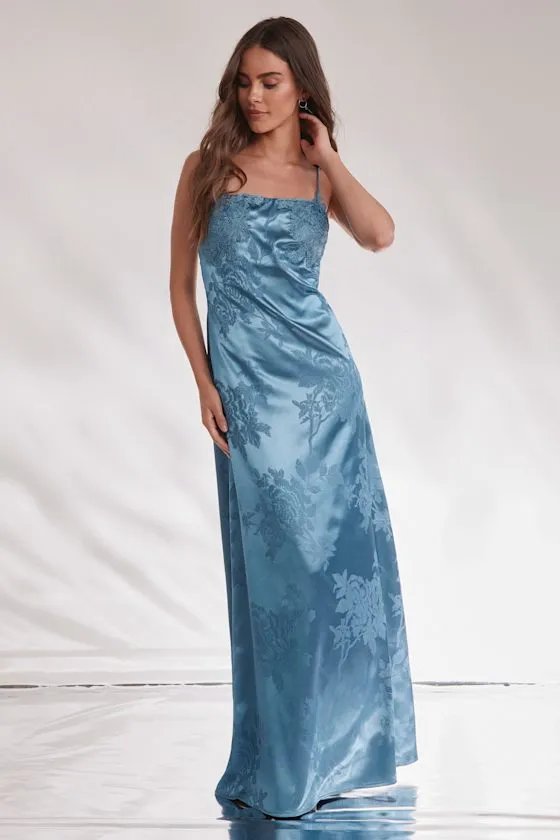 Whimsical Radiance Blue Satin Embroidered Maxi Dress sold by Lulus