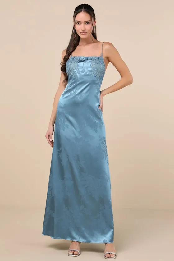 Whimsical Radiance Blue Satin Embroidered Maxi Dress sold by Lulus product image thumbnail 2