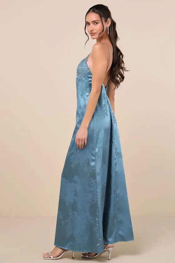 Whimsical Radiance Blue Satin Embroidered Maxi Dress sold by Lulus product image thumbnail 4
