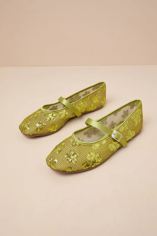 Cristen Green Mesh Sequin Buckle Ballet Flats sold by Lulus