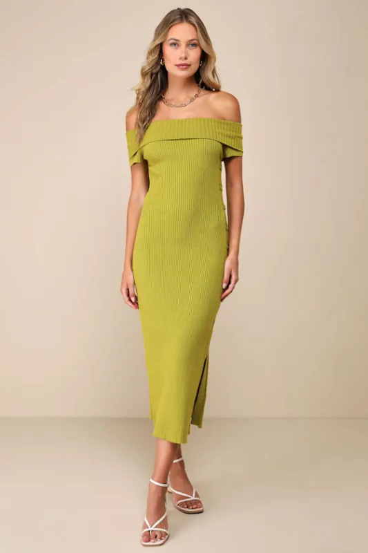 Heightened Aura Chartreuse Ribbed Off-the-Shoulder Sweater Dress sold by Lulus