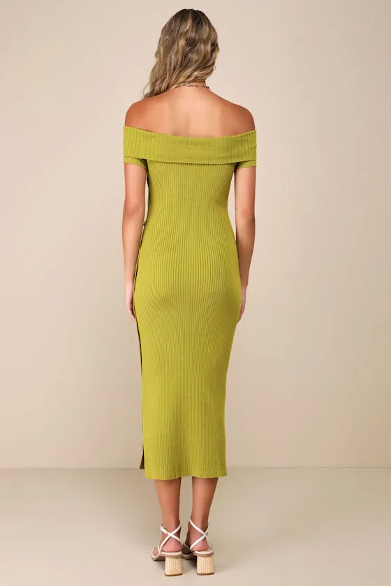 Heightened Aura Chartreuse Ribbed Off-the-Shoulder Sweater Dress sold by Lulus product image thumbnail 3
