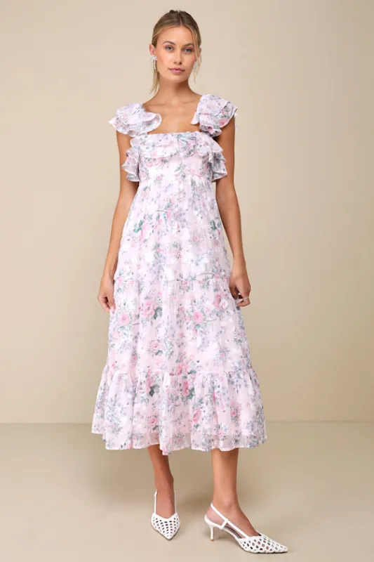 Genuine Sweetness Light Pink Floral Jacquard Lace-Up Midi Dress sold by Lulus