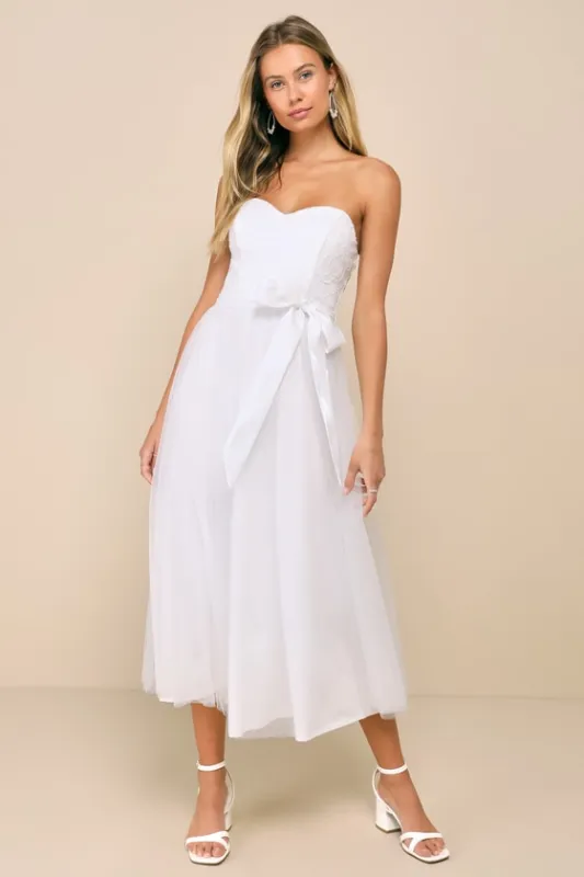 Beyond Immaculate White Sequin Embroidered Strapless Midi Dress sold by Lulus