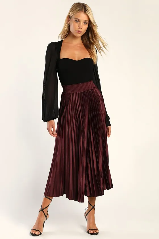 Sophisticated Vision Plum Satin Pleated Midi Skirt sold by Lulus