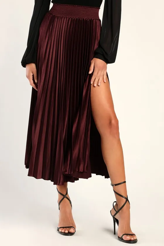 Sophisticated Vision Plum Satin Pleated Midi Skirt sold by Lulus product image thumbnail 2