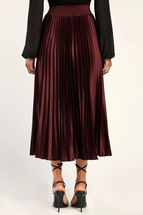 Sophisticated Vision Plum Satin Pleated Midi Skirt sold by Lulus product image thumbnail 4