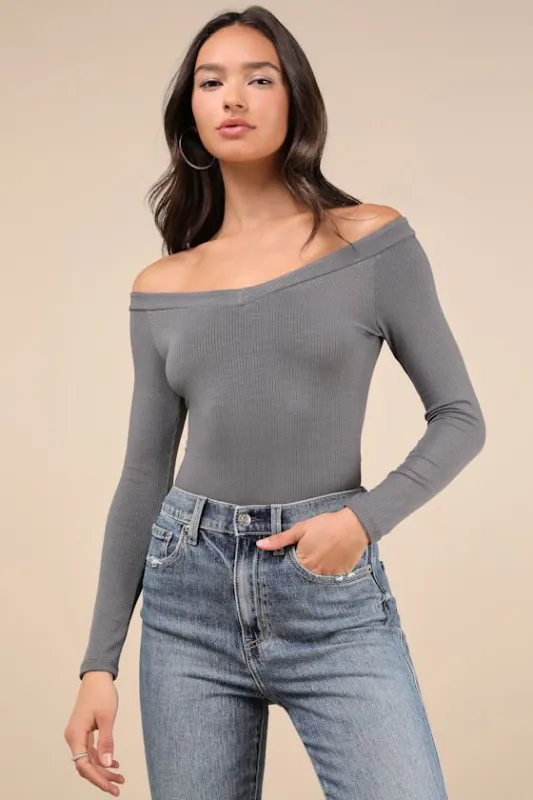 Simply Polished Dark Grey Ribbed Off-the-Shoulder Bodysuit sold by Lulus