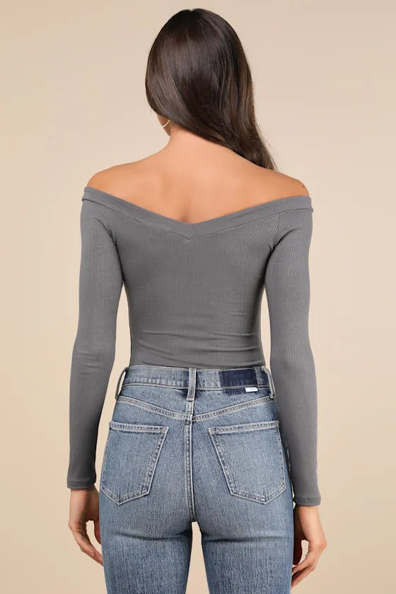 Simply Polished Dark Grey Ribbed Off-the-Shoulder Bodysuit sold by Lulus product image thumbnail 3