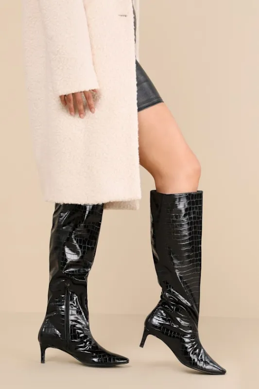 Rohmer Black Croc-Embossed Over-the-Knee Boots sold by Lulus