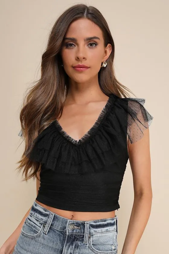 Delightful Destiny Black Mesh Dot Ruffled Crop Top sold by Lulus
